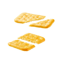 Broken cheese crackers isolated on white background.