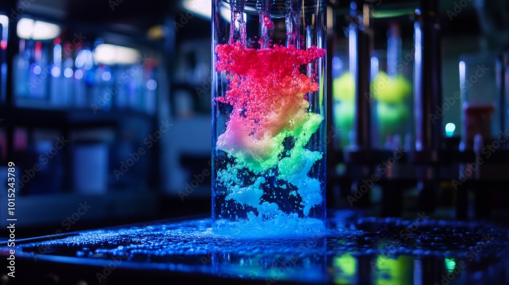 Poster A laboratory showcases a colorful mixture of water, with bubbles creating vivid patterns in shades of red, green, and blue in a darkened environment, highlighting the experiment's dynamic nature.