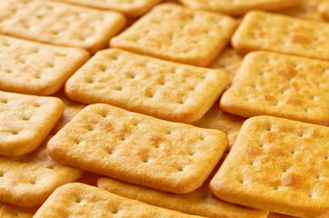 Cheese crackers placed throughout the screen selective focus. Food background.