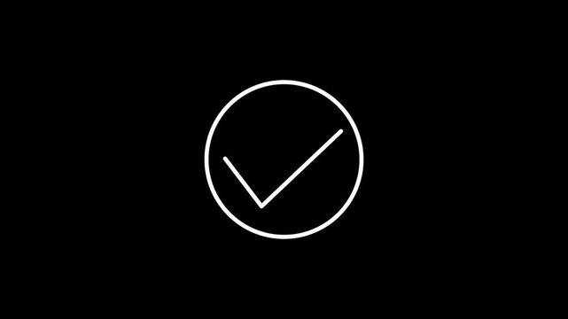 white color check mark icon on black background. glowing tik mark icon animation.
