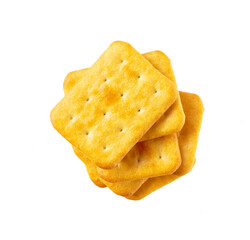 Stack of cheese crackers isolated on white background, top view. Cheese crackers placed on top of each other on a white background, top view.