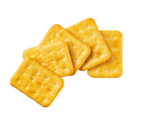 Cheese flavored cracker isolated on white background, top view. Dry cheese crackers isolated, top view.