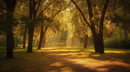 Sunbeams shining through trees in a park, creating a magical atmosphere.