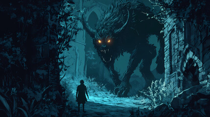 Obraz premium A lone figure approaches a menacing beast in a dark, overgrown passageway. Shadow Beast. Illustration