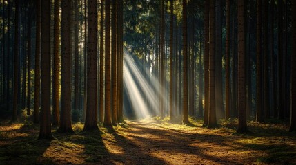 Naklejka premium Sunlight beams through the trees in a dense forest.