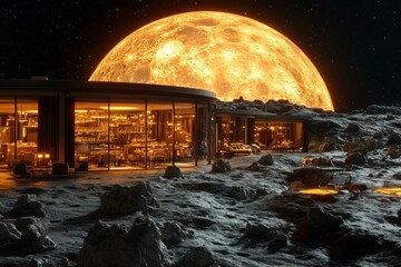 Obraz premium Futuristic lunar habitat illuminated under bright moon surface
