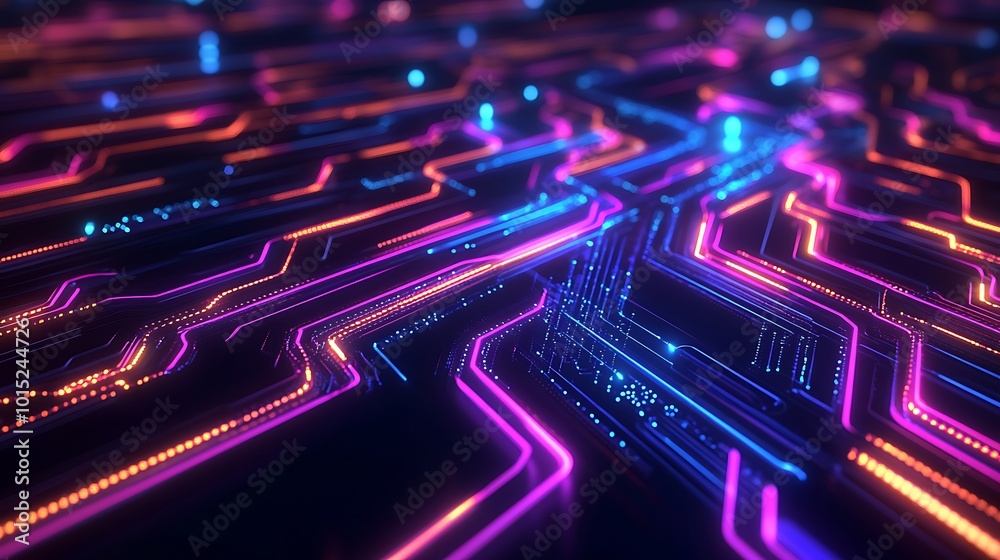 Poster abstract glowing neon lines forming a circuit board pattern on a black background.