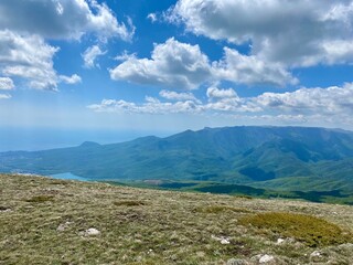 beautiful spring mountain landscape with blue sky