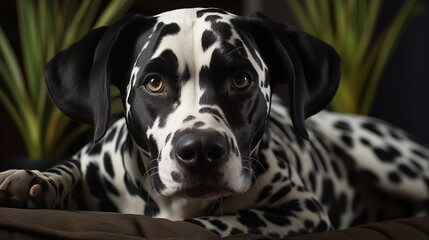 Dalmatian dog on black and white striped bedding