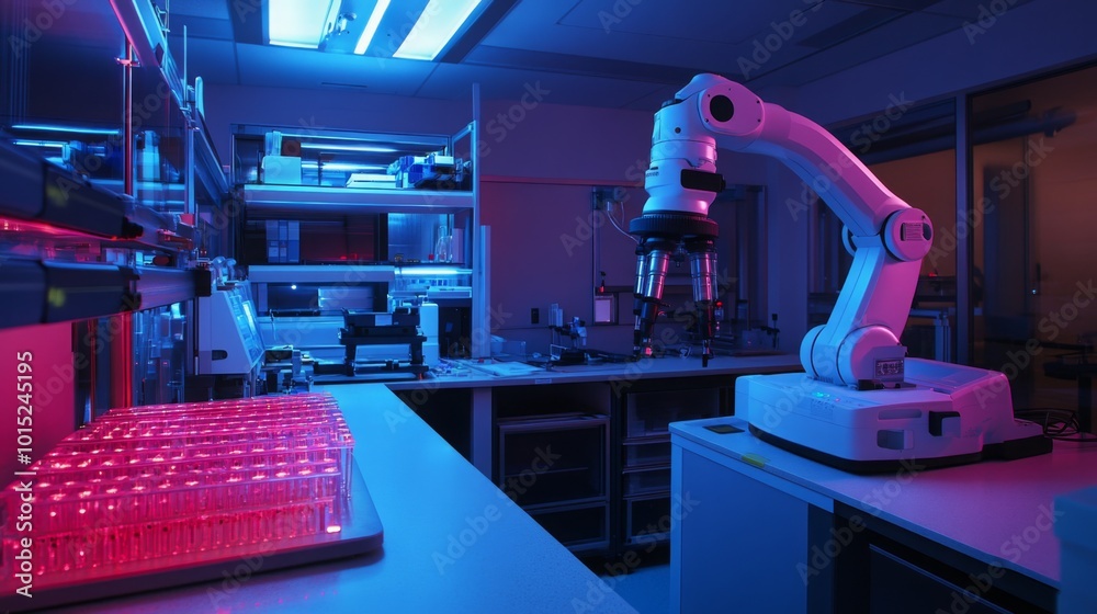 Aufkleber The laboratory features a robotic arm positioned beside a bright microscope, surrounded by illuminated lab equipment and countless test tubes, showcasing advanced technology in a nighttime setting.