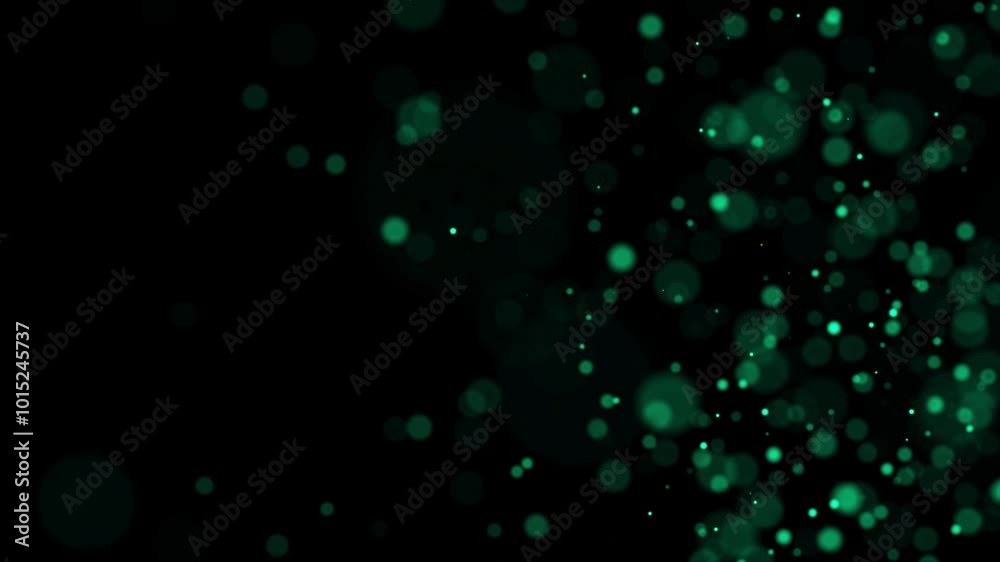 Poster Abstract dust particles with green light on dark background. Science backdrop with moving glittering dots. Flying particles with effect bokeh. 3d rendering.