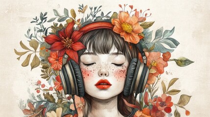 Watercolor illustration of a young woman with closed eyes wearing headphones surrounded by flowers.