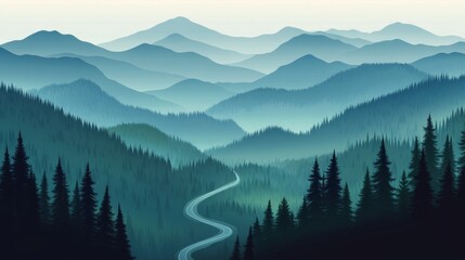 Fototapeta premium Winding road through a valley in a mountain range with blue misty peaks.