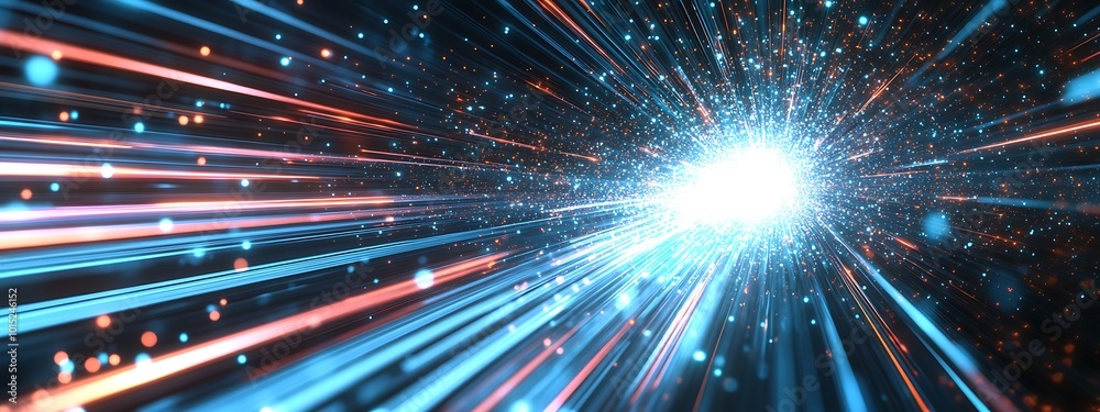 Poster Abstract background of bright glowing lines and particles converging at a central point, creating a dynamic and futuristic effect.