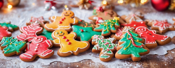 Colorful Christmas gingerbread cookies and decorations on a table, with a blurred background and ample copy space