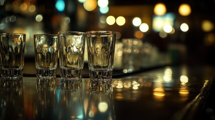 Four empty shot glasses on a bar counter with blurred lights in the background.