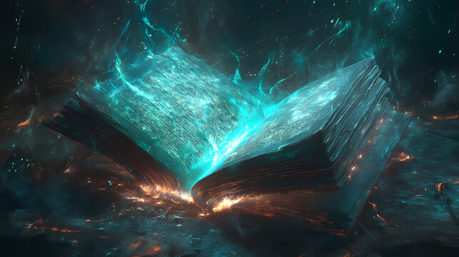 An ancient spellbook lies open, illuminated by spectral flames, its pages filled with cryptic symbols and forgotten rituals. Spellbook. Illustration