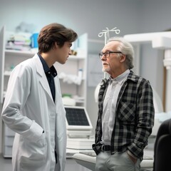 Obraz premium Medical pro discusses health with elderly patient in clinic. Doctor explains diagnosis, treatment options in well-organized room. Patient seated on chair, medical equipment on table. White coat,