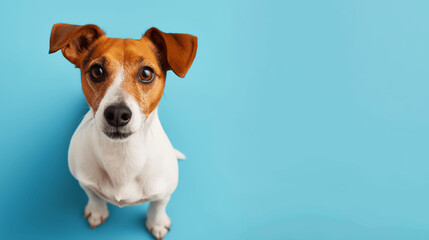  Curious Jack Russell terrier sitting and looking up against blue background. Copy space. Generative AI	
