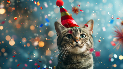  Tabby cat wearing a colorful party hat surrounded by confetti and festive lights. Copy space.	