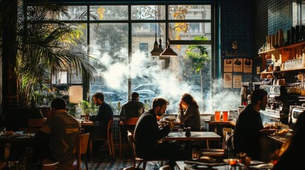 Naklejka premium Cozy Cafe Scene with Customers Enjoying a Warm Beverage