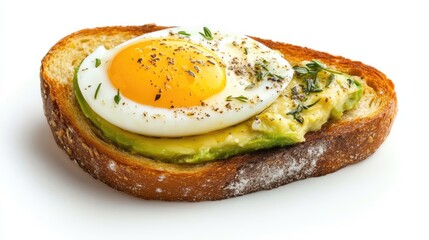Avocado toast topped with a soft-boiled egg, seasoned with herbs and salt, displayed on a plain white background for a clean and healthy breakfast image.