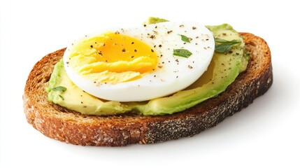 Avocado toast topped with a soft-boiled egg, seasoned with herbs and salt, displayed on a plain white background for a clean and healthy breakfast image.