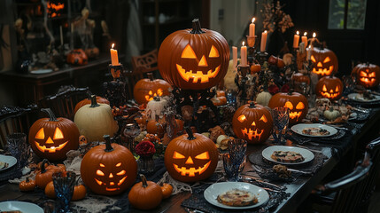 Halloween table with pumpkins and candles on the table