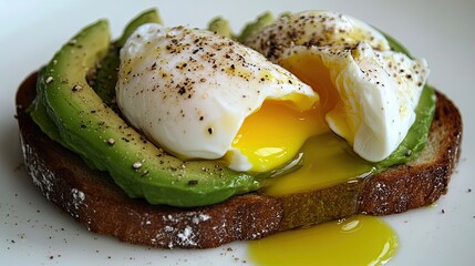 Close-up of avocado toast with a poached egg, drizzled with olive oil, resting on a clean white surface, highlighting its freshness and simplicity.