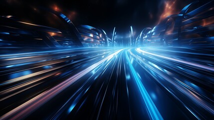 Digitally generated image of blue light and stripes moving fast over black background
