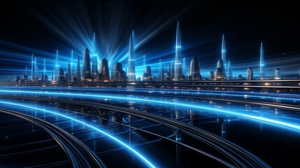 Digitally generated image of blue light and stripes moving fast over black background