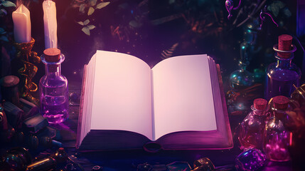 A witch spellbook open to a blank page, surrounded by mystical artifacts and potion bottles, perfect for party text. Spellbook. Illustration
