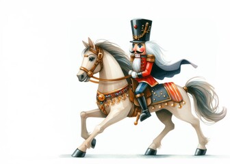 Traditioneller Nussknacker in Uniform auf dem Pferd,  weißer Hintergrund. Passt perfekt zu festlichen Anlässen und für die Weihnachtskarte, Platz für Text, generative KI
