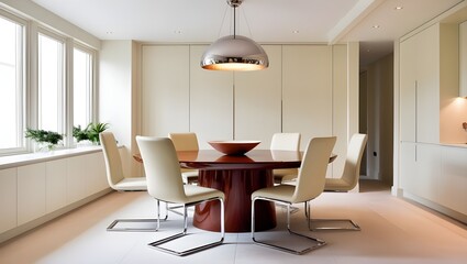 Modern kitchen interior with round dinning table and chairs . 3D Rendering