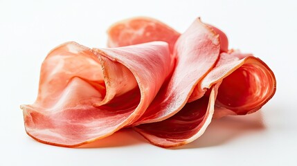Thinly sliced ham, folded and arranged on a simple white background, showcasing the delicate texture and savory flavor of the cured meat.