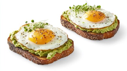 Two slices of avocado toast topped with fried eggs and microgreens, set against a white background, offering a wholesome breakfast concept.