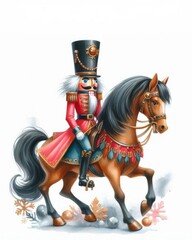 Traditioneller Nussknacker in Uniform auf dem Pferd,  wei&szlig;er Hintergrund. Passt perfekt zu festlichen Anl&auml;ssen und f&uuml;r die Weihnachtskarte, Platz f&uuml;r Text, generative KI
