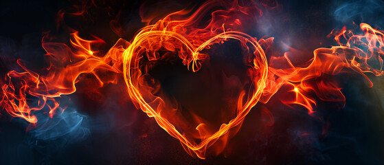 Fiery heart shape surrounded by swirling flames and smoke on dark background. Copy space. 	