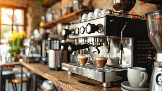 Espresso machine in cozy café with brick wall background and wooden counter. Two cups of coffee being brewed, surrounded by coffee-related equipment and soft natural lighting, creating a warm
