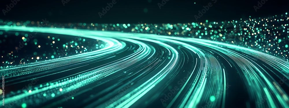 Fototapete Abstract digital data flow.  A futuristic digital highway with a light trail of data flowing into a city.