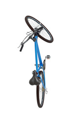 Blue bicycle standing while leaning on kickstand, top view. Bike resting on kick stand isolated on. Png clipart isolated on transparent background