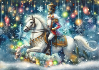 Traditioneller Nussknacker in Uniform auf dem Pferd. Passt perfekt zu festlichen Anlässen und für die Weihnachtskarte, Platz für Text, generative KI
