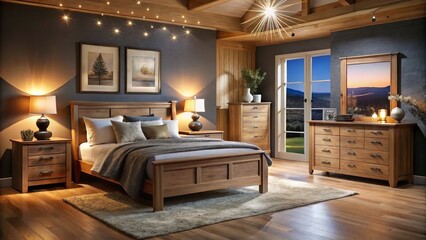 A beautiful night photography display of Sherwood Oak bedroom furniture, enhanced by a cozy ambiance that evokes comfort and warmth in every corner.