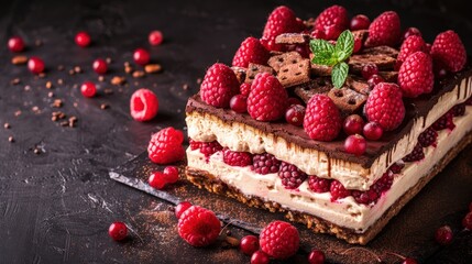 Layered chocolate dessert topped with fresh raspberries and mint leaves. Rich and decadent presentation of a gourmet treat with berries scattered on dark surface, a professional cafe menu item.