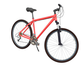 Naklejka premium Red bicycle standing while leaning on kickstand, side front view. Bike resting on kick stand. Png clipart isolated on transparent background