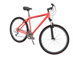Red bicycle standing while leaning on kickstand, side front view. Bike resting on kick stand. Png clipart isolated on transparent background