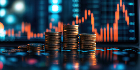 Close-up of stacked coins against a backdrop of glowing financial graphs. Perfect for topics on investment strategies, economic forecasts, financial planning, and market analytics.