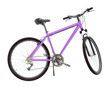 Purple bicycle standing while leaning on kickstand, side view. Bike resting on kick stand. Png clipart isolated on transparent background