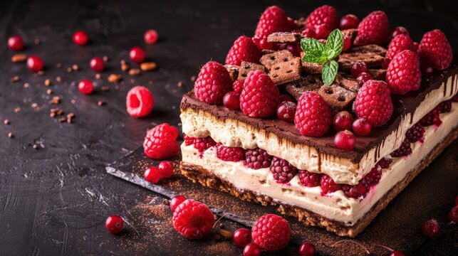 Layered chocolate dessert topped with fresh raspberries and mint leaves. Rich and decadent presentation of a gourmet treat with berries scattered on dark surface, a professional cafe menu item.