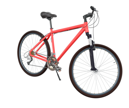 Red bicycle standing while leaning on kickstand, side front view. Bike resting on kick stand. Png clipart isolated on transparent background
